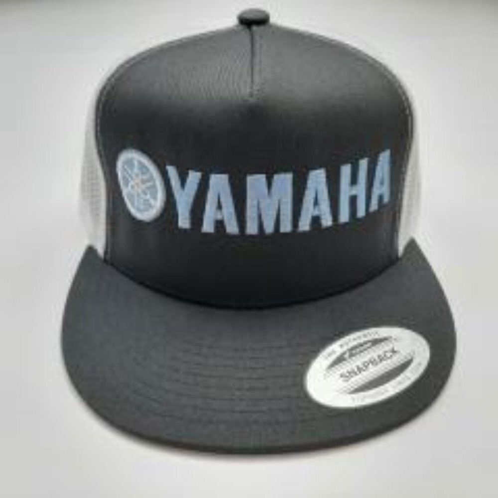 Yamaha Flat Bill Cap Hat Trucker Mesh Snapback Gray & White Baby Blue Letters